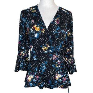 BCX Women's Faux-Wrap Polka Dot Peplum 3/4 Bell Sleeves Top Sz L